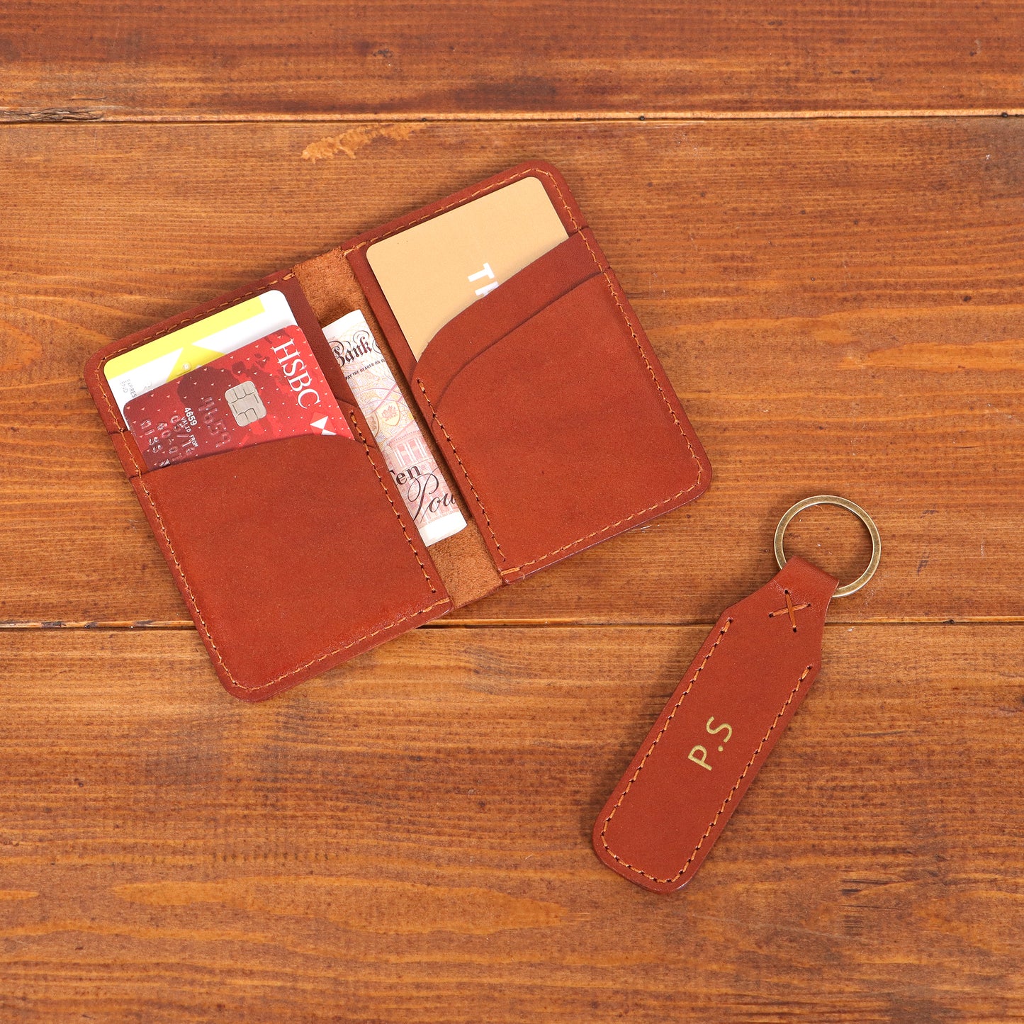 Personalised Leather Card Holder and Keychain Set