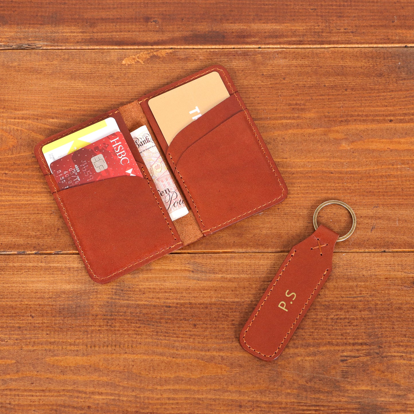 Personalised Leather Card Holder and Keychain Set