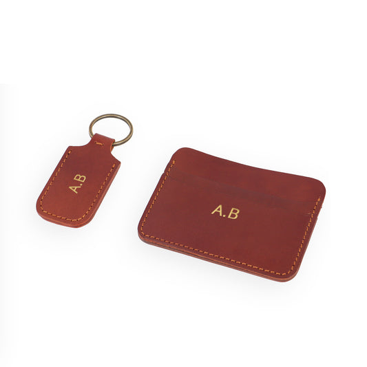 Leather Card Holder and Keychain Personalised Gift Set