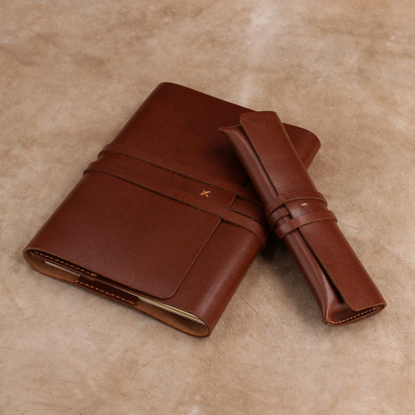Vintage Wrap Set of Refillable Leather Journal and Pencil Case