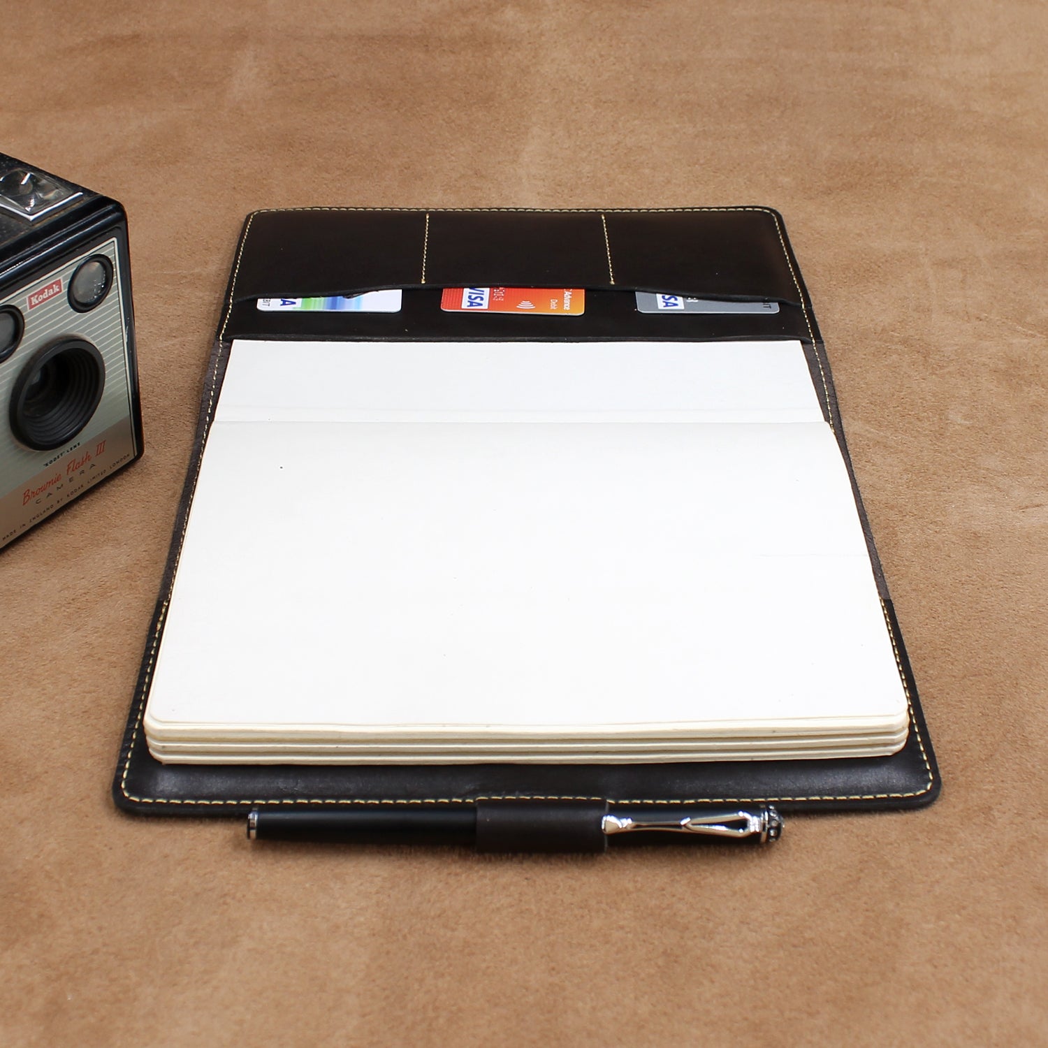 A5 Leather Notebook with Pen Loop 3 Card Holders