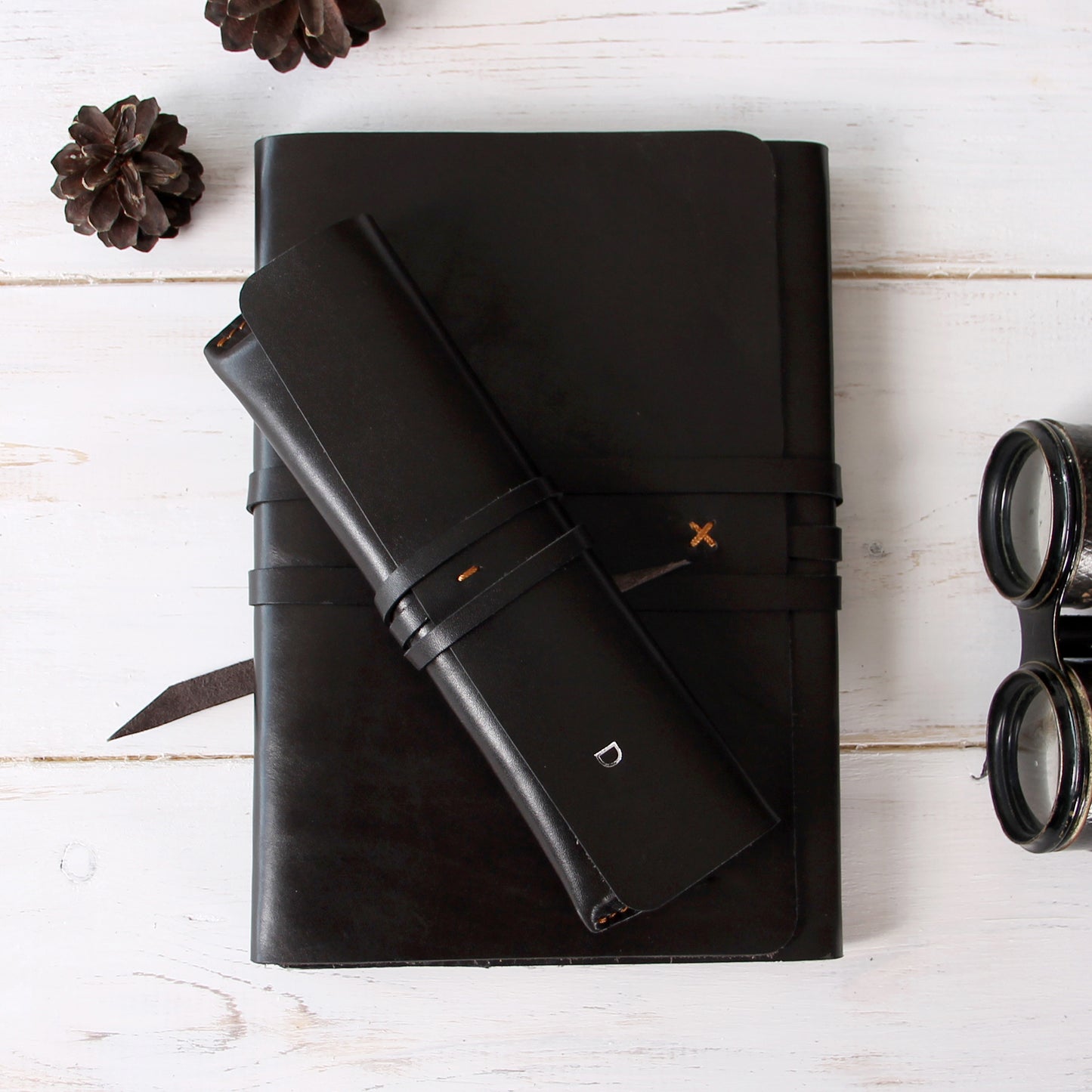 Vintage Wrap Set of Refillable Leather Journal and Pencil Case